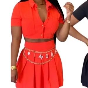 Orange tenis skirt and button up shirt set